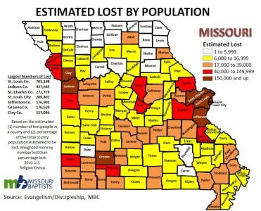 JEFFERSON CITY – This map depicts the estimated lostness in each of Missouri’s counties. Among the most unreached counties in the state are five that will be targeted through the Missouri Baptist Convention’s Macedonia Project: St. Louis County/City, Jackson, St. Charles, Jefferson and Clay. Click map to see high-resolution version.